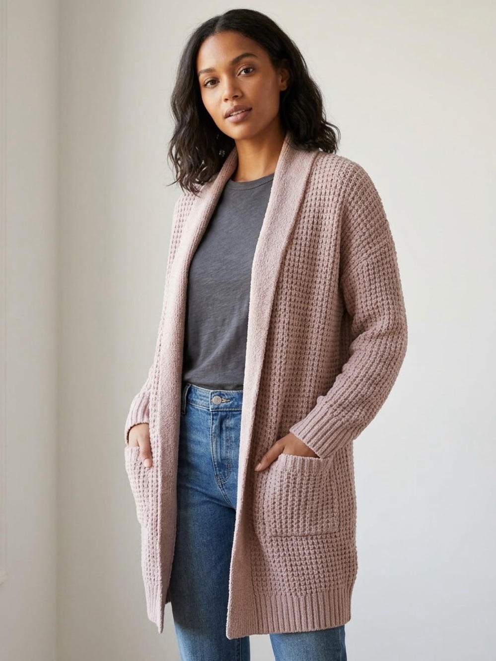 Jason Wu Plush Chenille Waffle-Knit Long Duster Cardigan Sweater – Size Medium